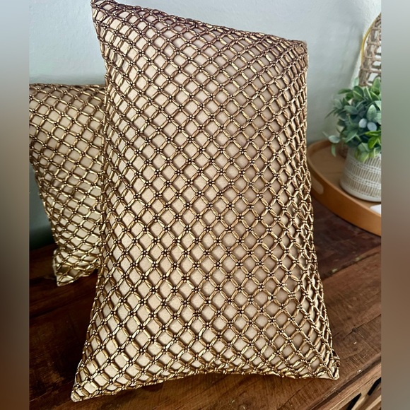 Pier 1 Other - Pier 1 Imports Pillow Set Metallic Bronze Gold Beaded Rectangular Lattice